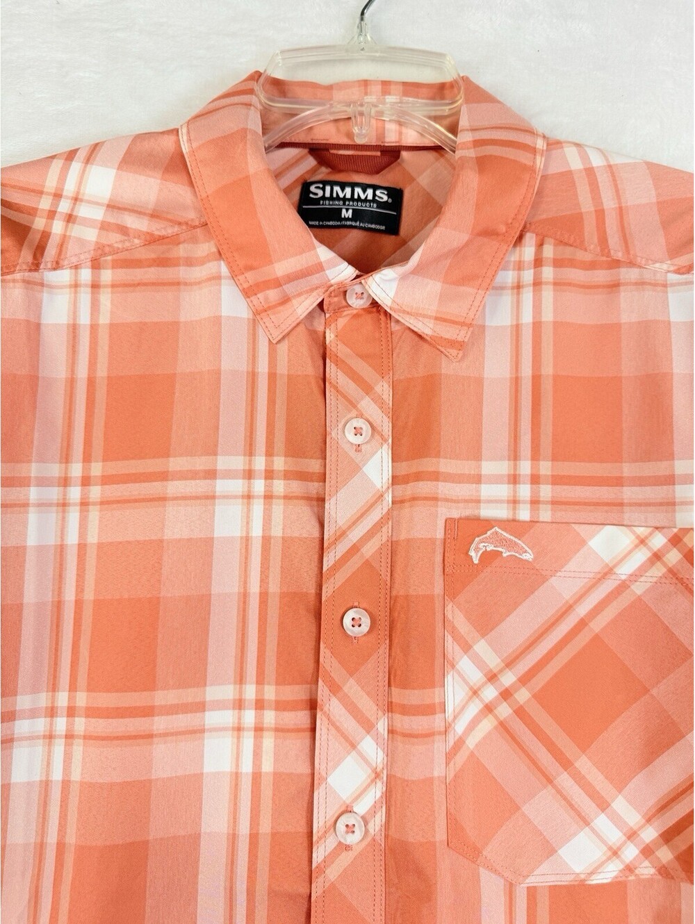 Simms Fishing Shirt Medium Outpost Long Sleeve Button Up Down Coral Plaid Mens